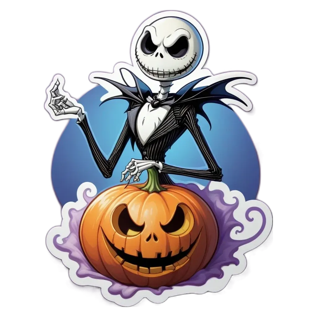 A sticker of a skeleton playing the guitar with a pumpkin in his hand.