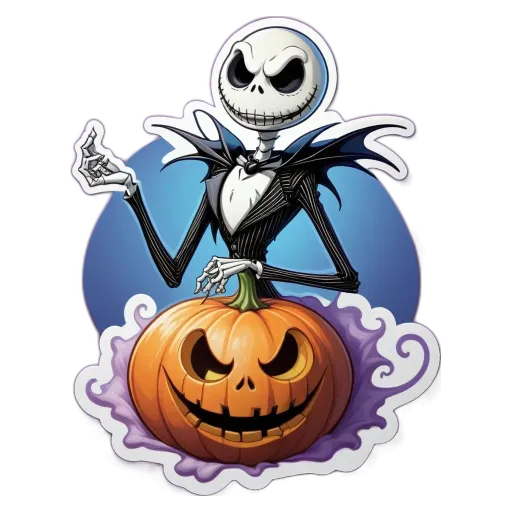 A sticker of a skeleton playing the guitar with a pumpkin in his hand.