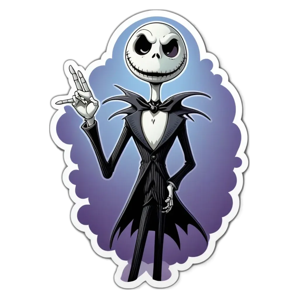 A sticker of a skeleton playing the drums with one finger up.