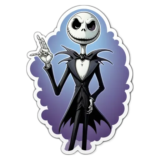 A sticker of a skeleton playing the drums with one finger up.