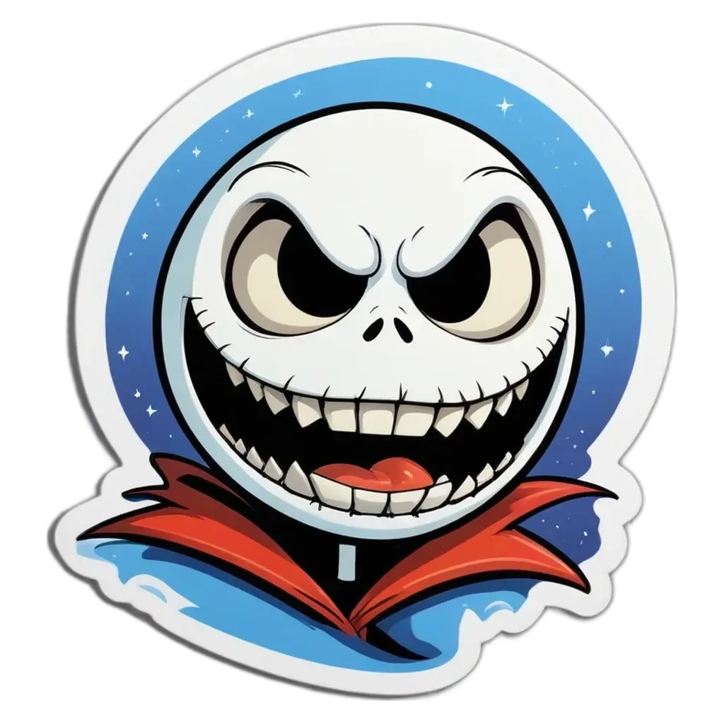 A sticker of a jack skellington face that is white and blue.