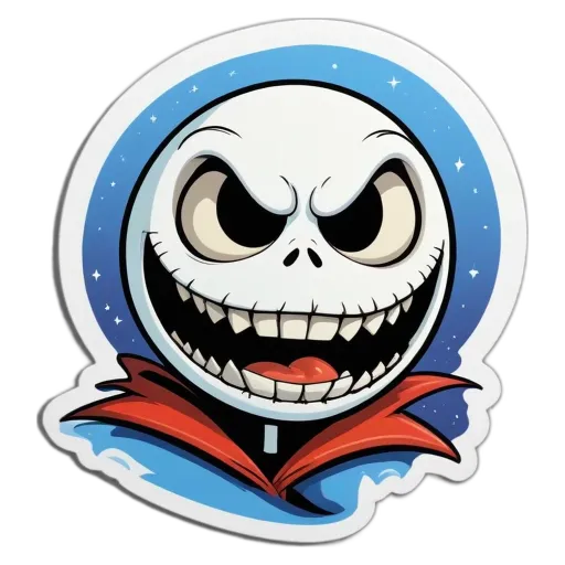 A sticker of a jack skellington face that is white and blue.