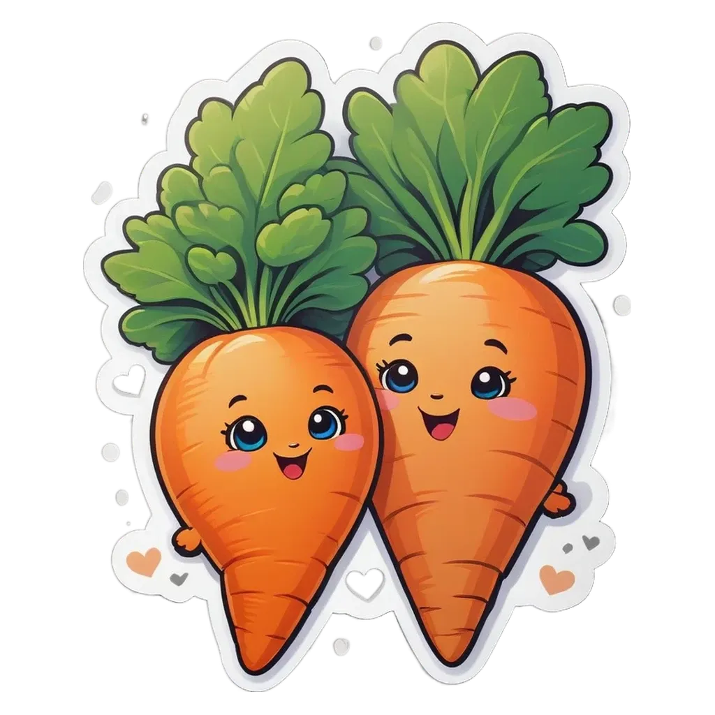 Two cartoon carrots that are holding hands.