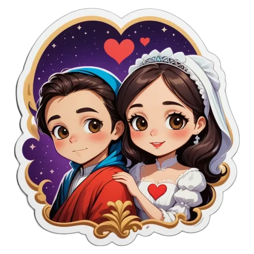 A cartoon image of a man and woman with a heart between them.