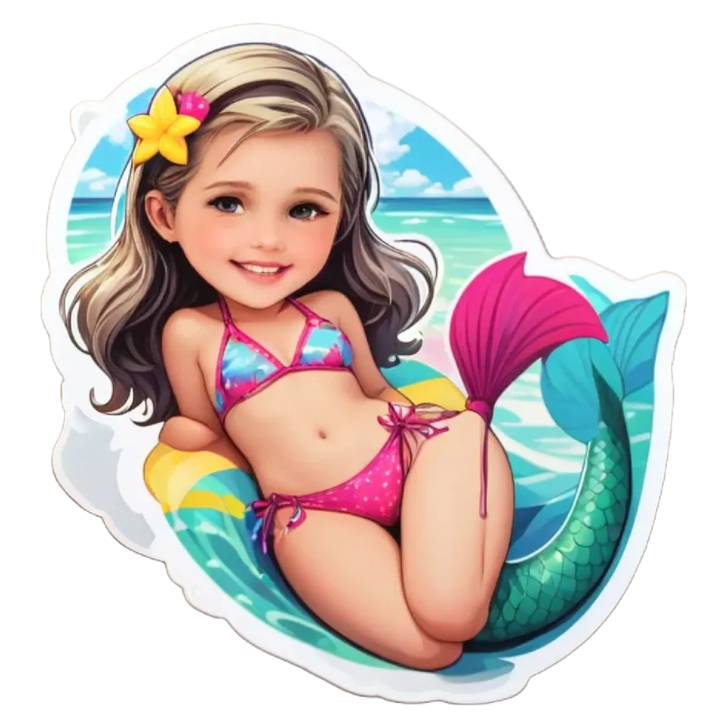 A girl in a bikini is floating on a wave with a tail of a fish.