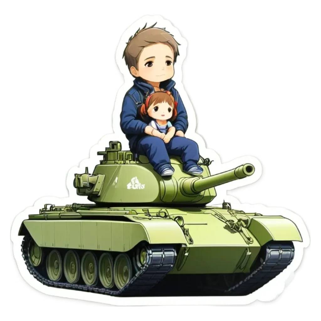 A small girl sitting on top of a tank in a sticker.