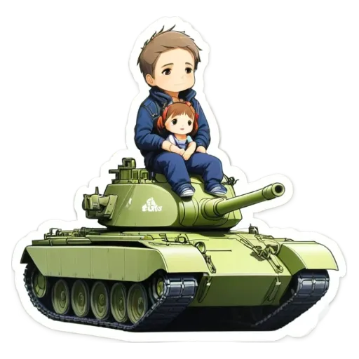 A small girl sitting on top of a tank in a sticker.