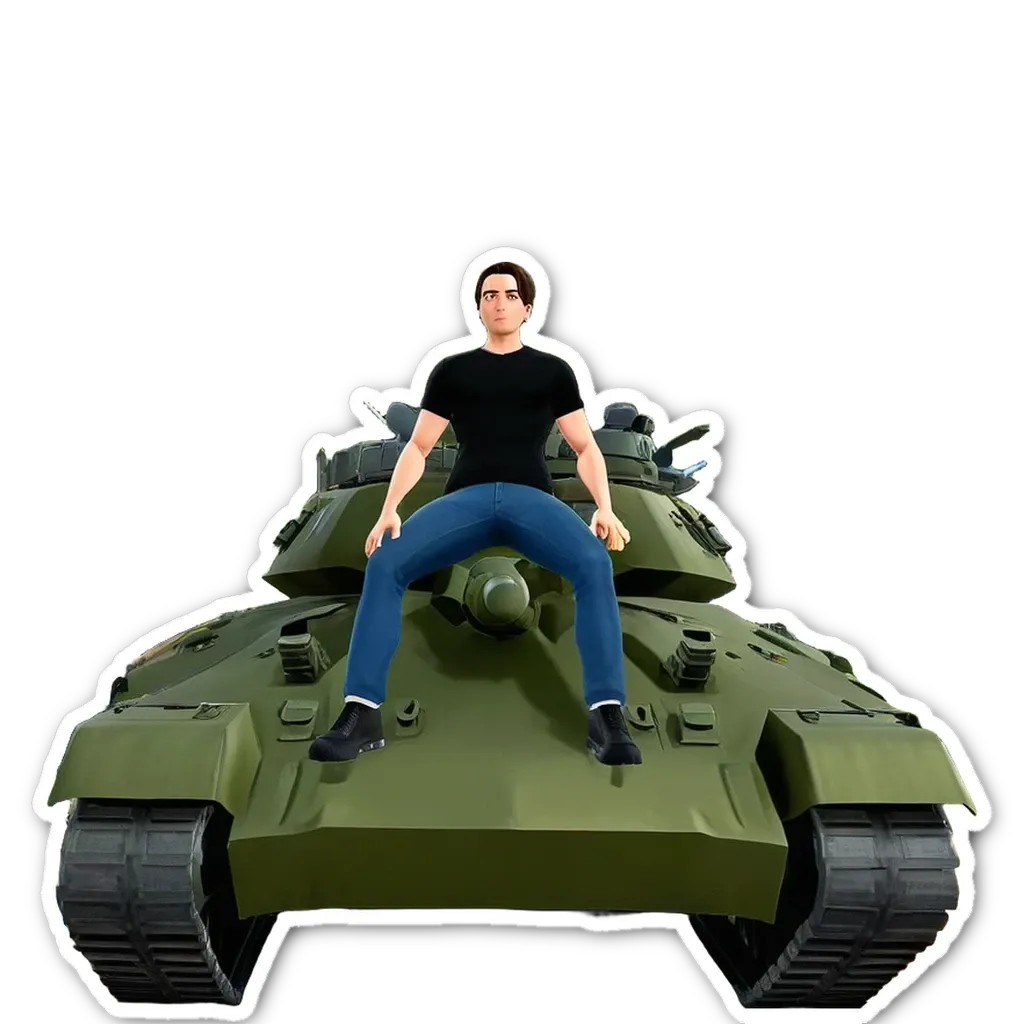 A man in a black shirt is sitting on a green tank.