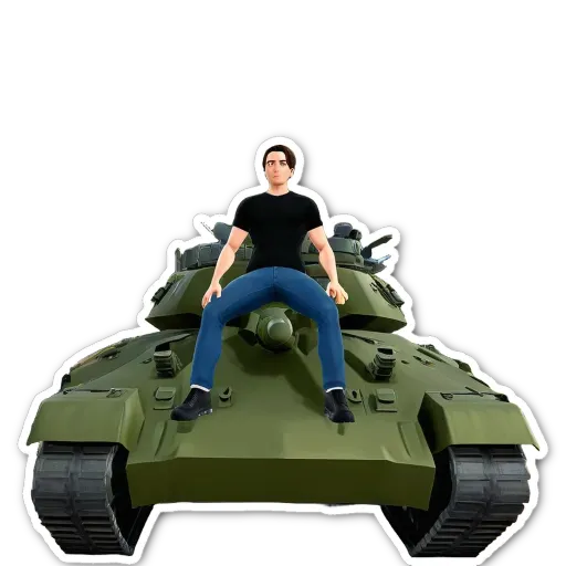 A man in a black shirt is sitting on a green tank.