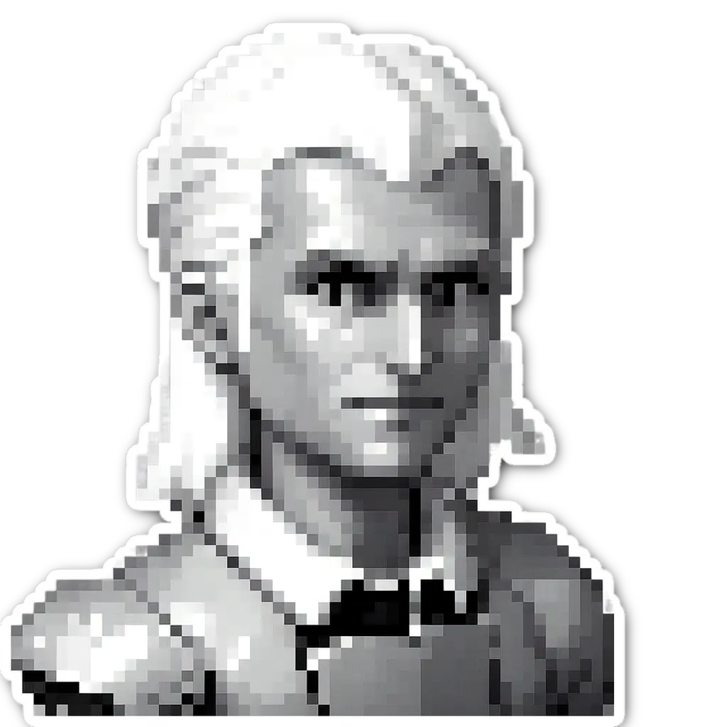 A black and white pixelated image of a woman.