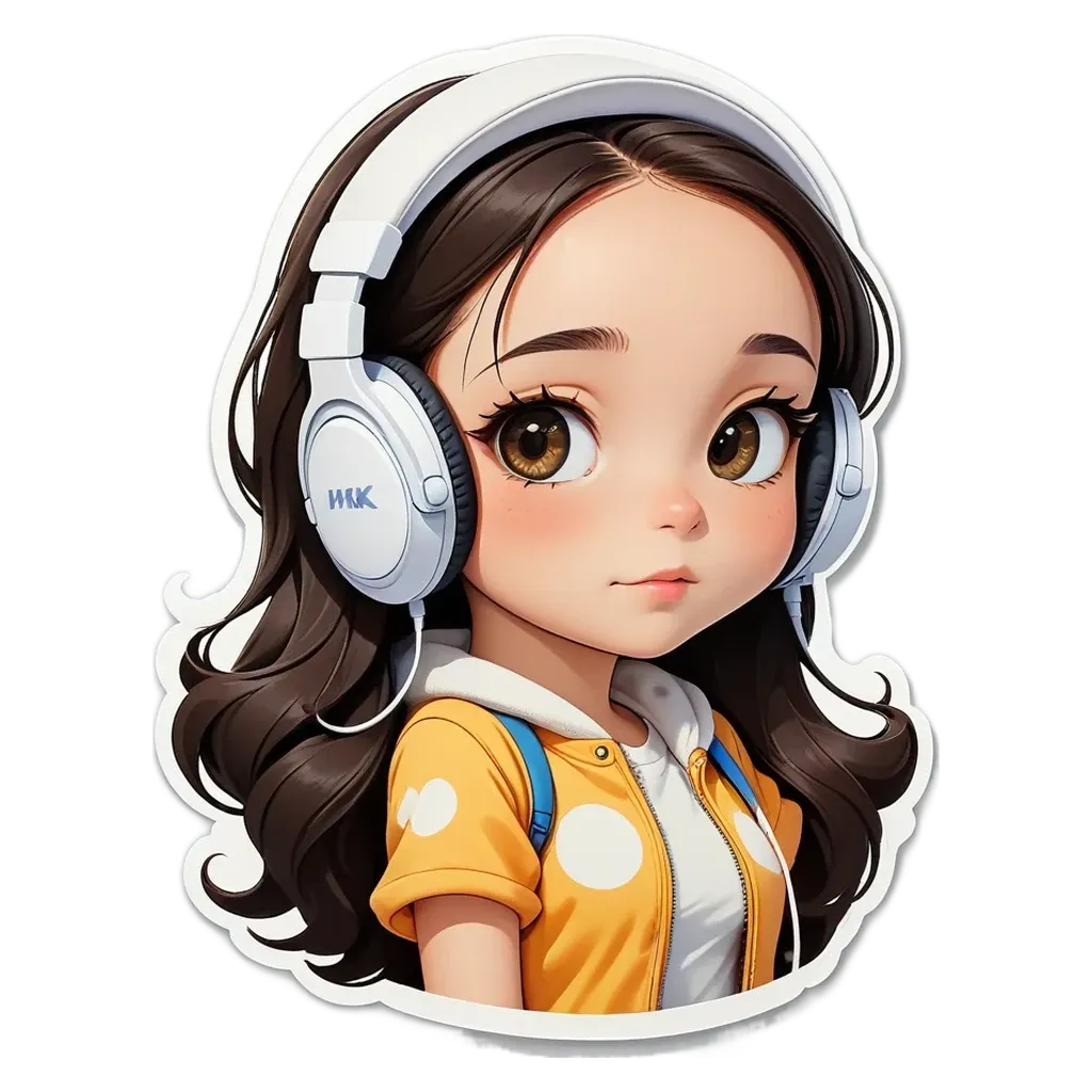 A girl with headphones on her head is wearing a yellow shirt.