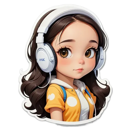 A girl with headphones on her head is wearing a yellow shirt.