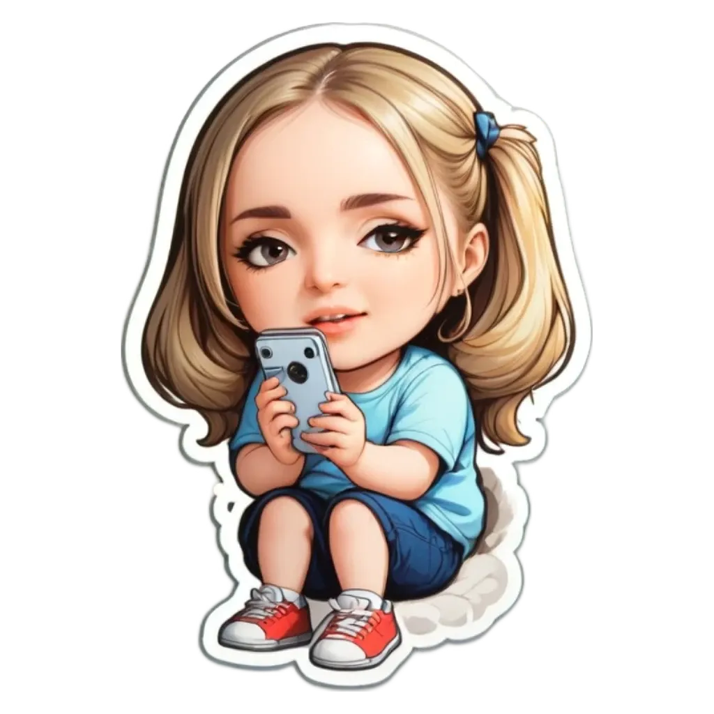 A cartoon girl is holding a cell phone.