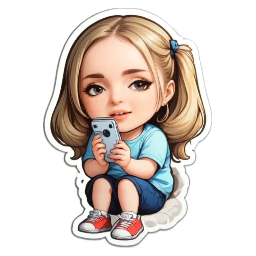 A cartoon girl is holding a cell phone.