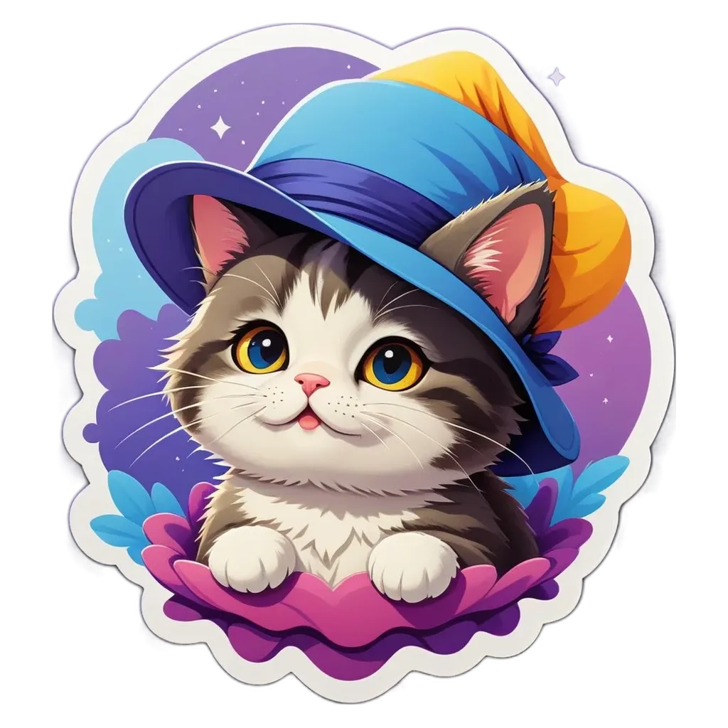 A cartoon cat wearing a blue hat is looking at the camera.