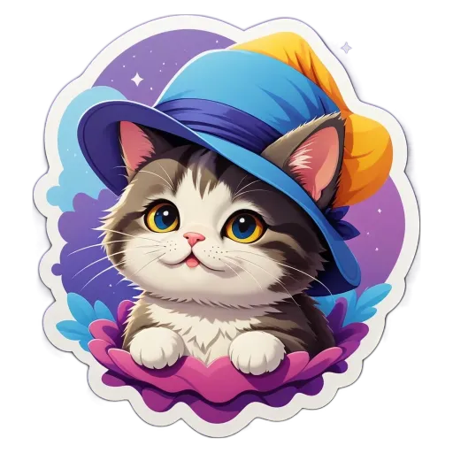 A cartoon cat wearing a blue hat is looking at the camera.