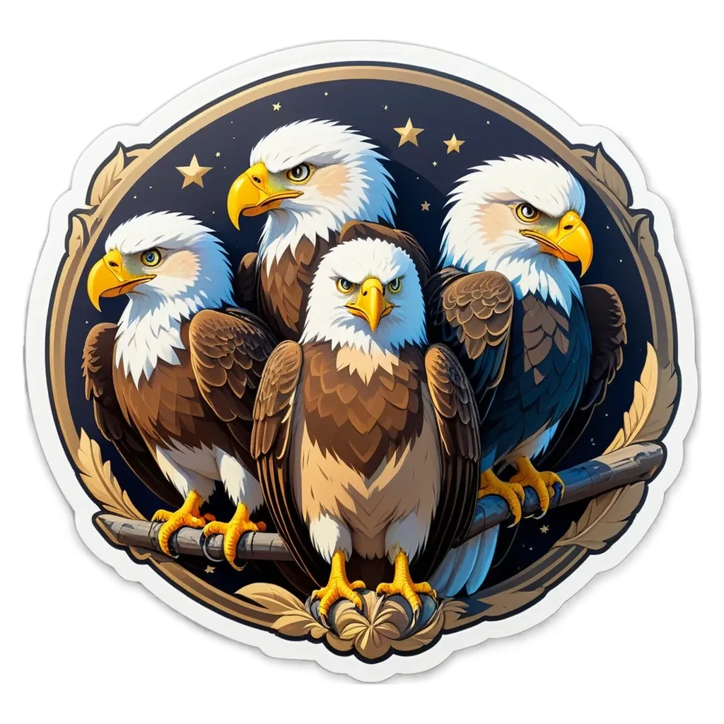 Four eagle stickers in a circle with stars in the center.
