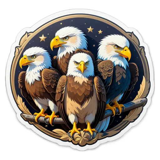 Four eagle stickers in a circle with stars in the center.
