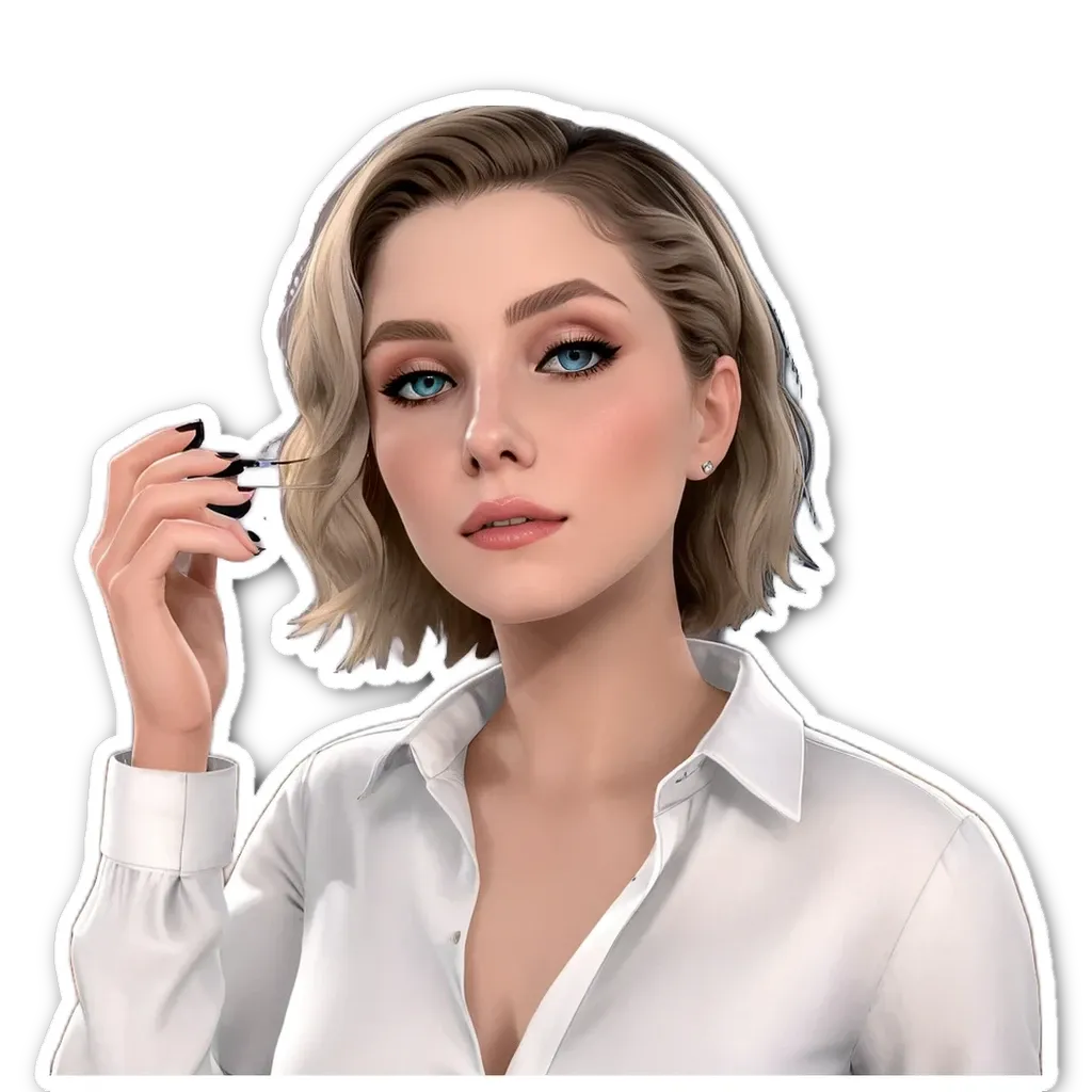 An art image of a woman with blue eyes holding a eyelash glue stick.