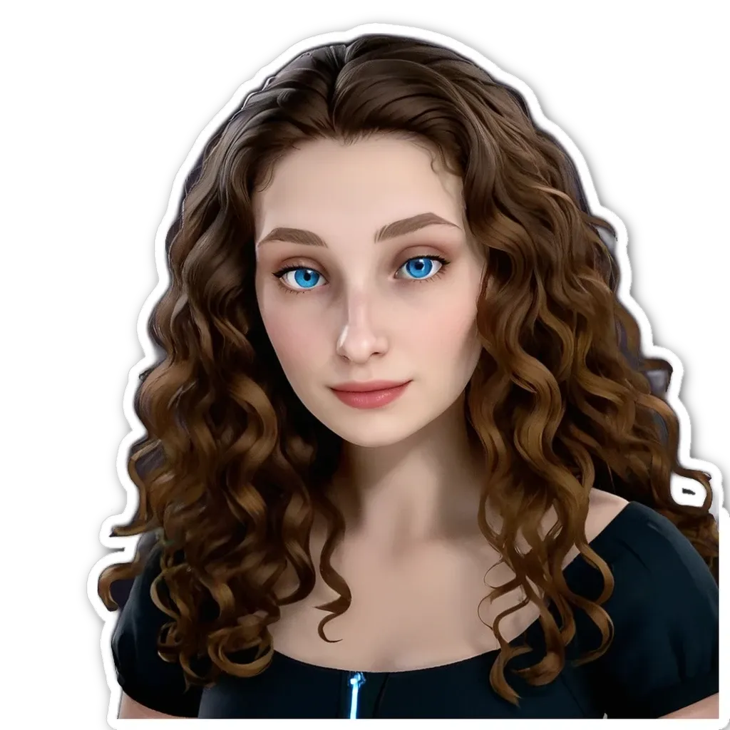 A woman with a very curly brown hair and blue eyes.