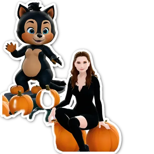 A woman and a cartoon animal are next to each other.