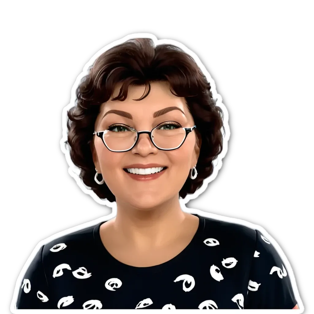 A sticker of a woman with a black shirt and white and black dots.