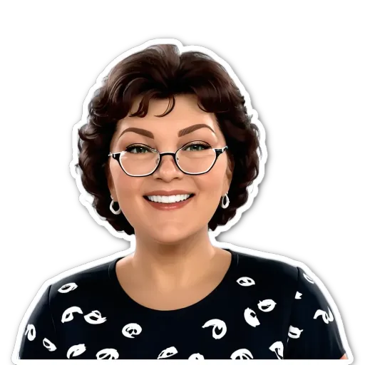 A sticker of a woman with a black shirt and white and black dots.