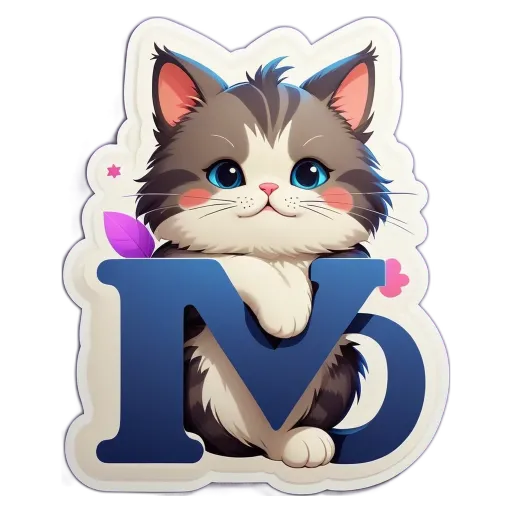 A cat with the letter M on a sticker.