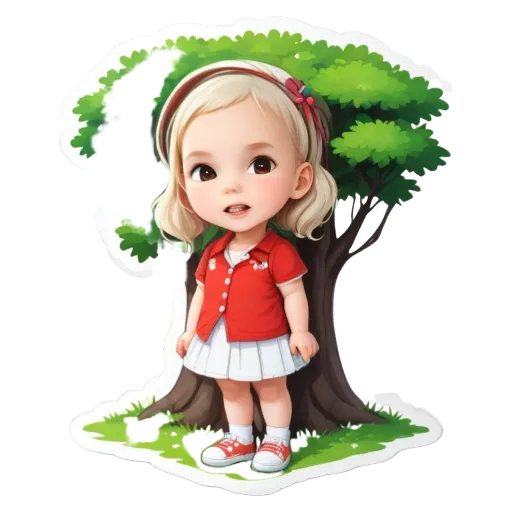 A girl standing in front of a tree wearing a red dress.