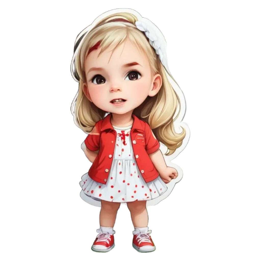 A cartoon girl standing with her hands in her pockets.