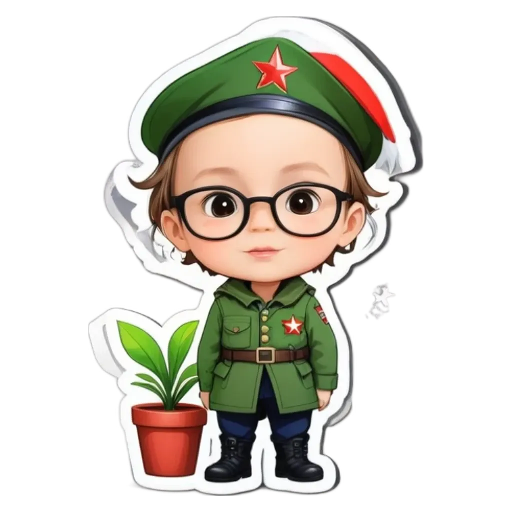 A child wearing glasses and a green costume with a plant in front of him.