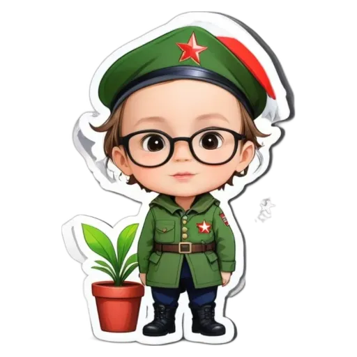A child wearing glasses and a green costume with a plant in front of him.
