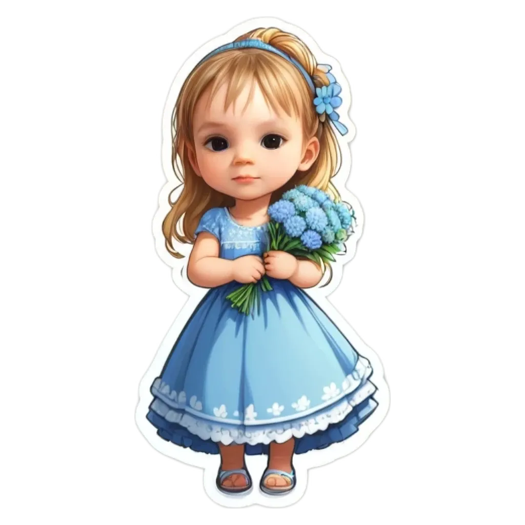 A cartoon girl holding flowers is shown in blue.