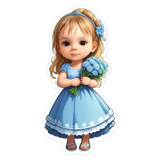 A cartoon girl holding flowers is shown in blue.