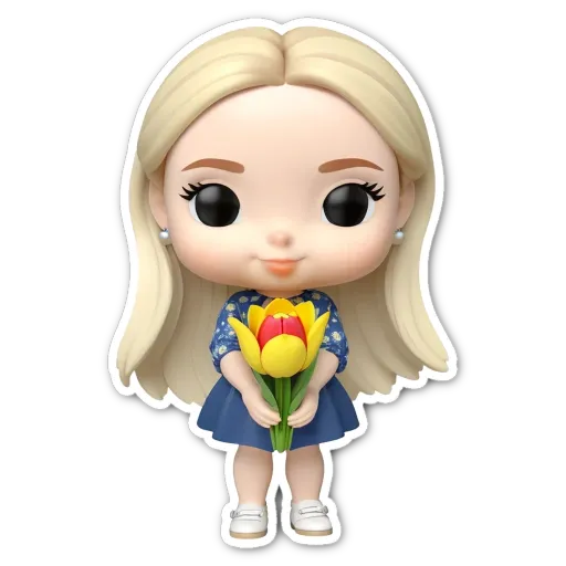 A small cartoon girl holding a yellow flower in her right hand.