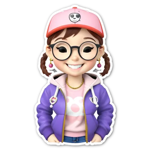 A girl wearing glasses and a pink hat is standing up.