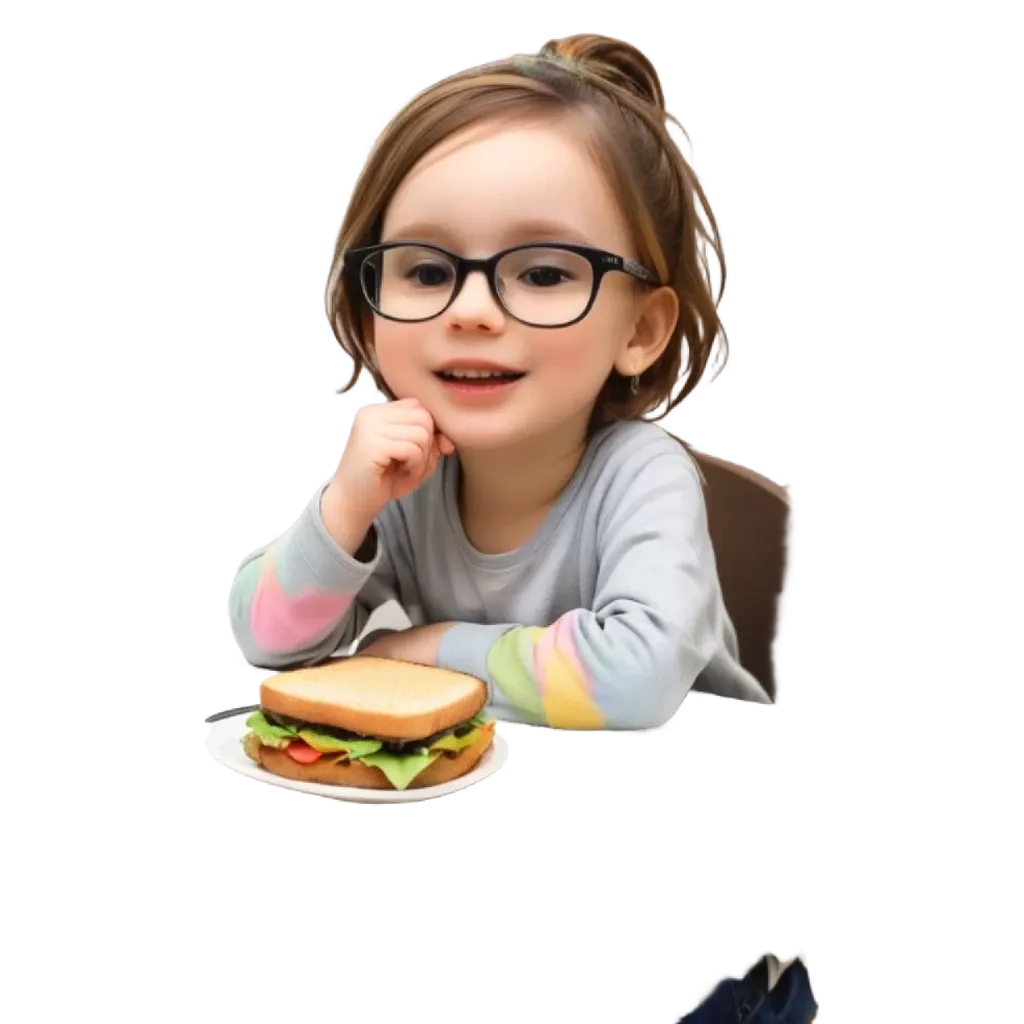 A girl wearing glasses sits at a table with a sandwich.
