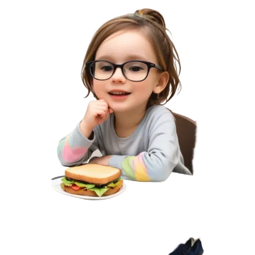 A girl wearing glasses sits at a table with a sandwich.
