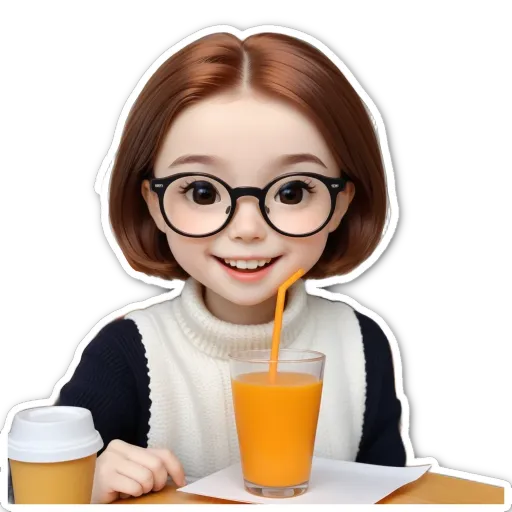 A girl wearing glasses is sitting at a table with a drink.