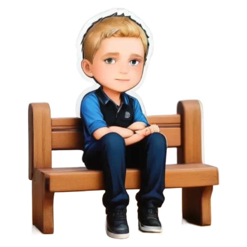 A boy sitting on a bench is shown with his hands on his hips.