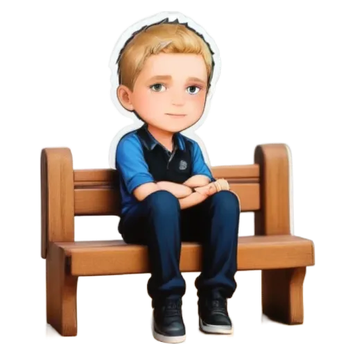 A boy sitting on a bench is shown with his hands on his hips.