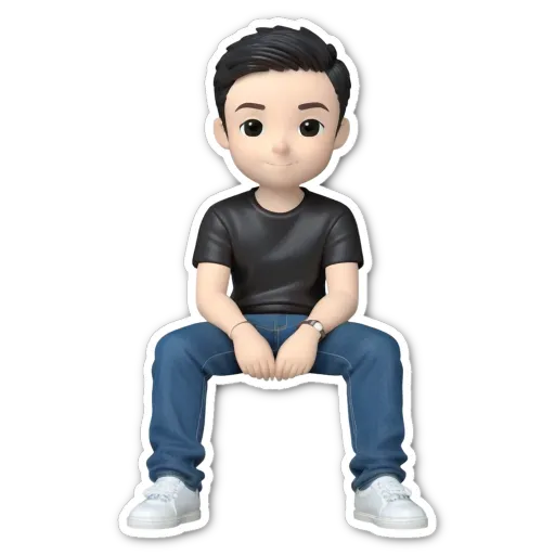 A sticker of a boy in jeans sitting with the legs crossed.