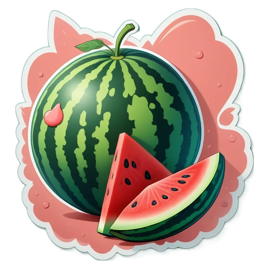 A watermelon sticker with a slice taken out.