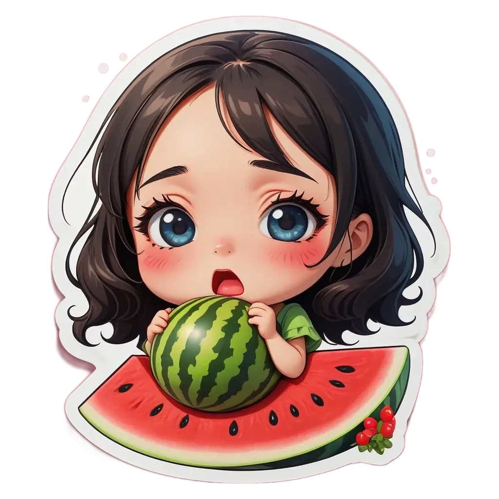 A cartoon girl eating a watermelon.