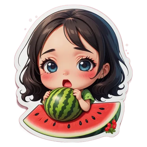 A cartoon girl eating a watermelon.