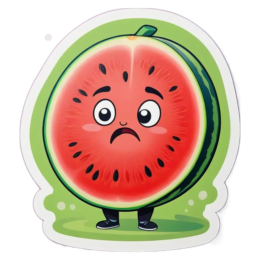 A watermelon with a sad face is standing with his eyes wide.