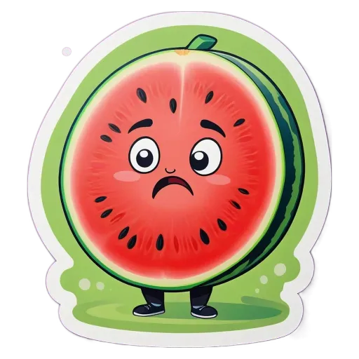 A watermelon with a sad face is standing with his eyes wide.