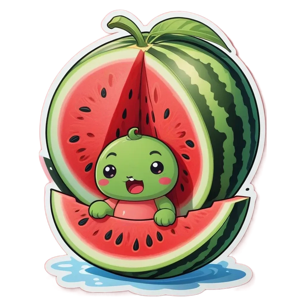 A watermelon with a cute face and a baby turtle inside.