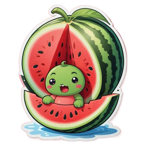 A watermelon with a cute face and a baby turtle inside.