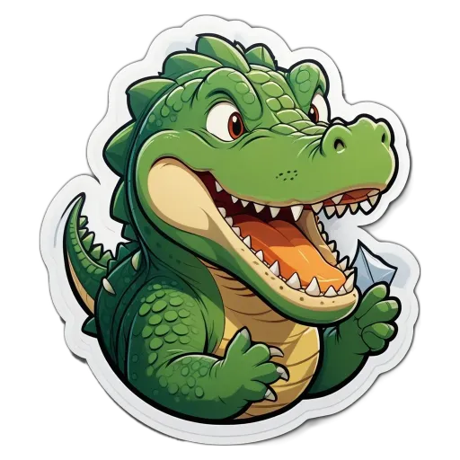 A cartoon green crocodile holding a piece of paper in its mouth.